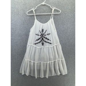 LAGACI Women's Dress Trapeze Shift Solid White Embroidered Sleeveless Medium